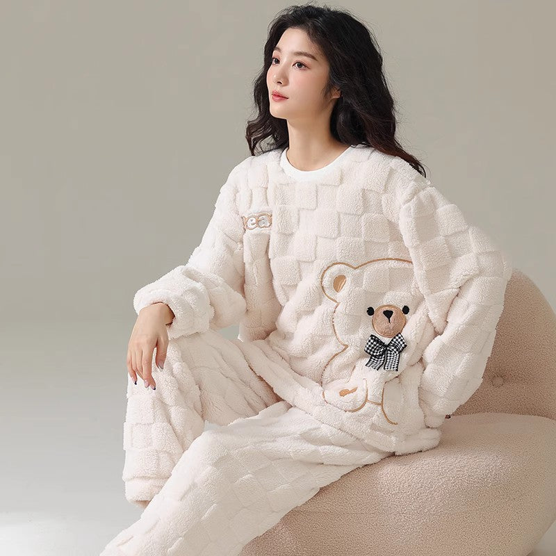 4-Piece Thick Flannel Couples Cute Pajamas Set