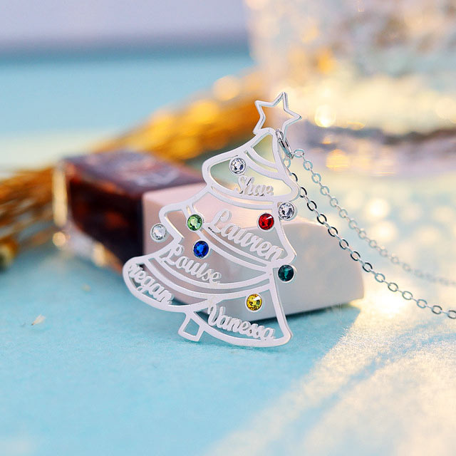 Family Tree Kids Name Engraved Necklace with Birthstones