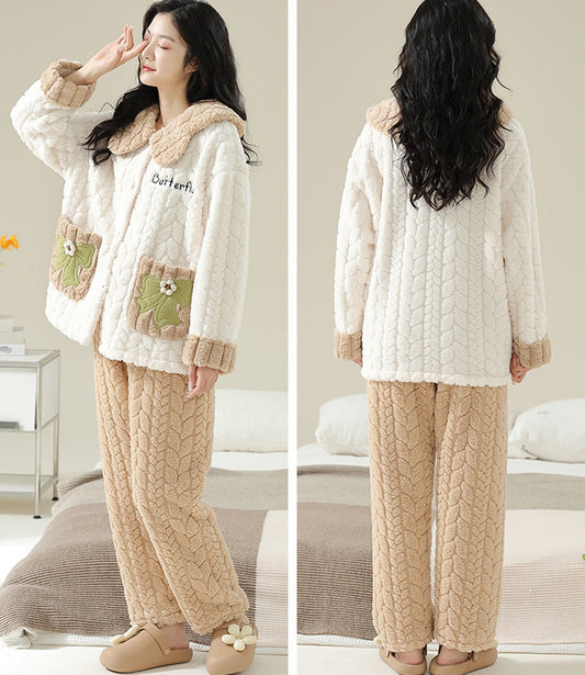 Women Pajamas Set – Plush Ribbon Applique Coral Fleece Pajamas