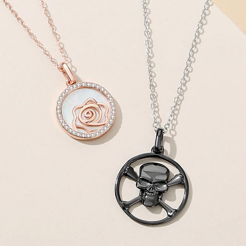 Rose and Skull Couple Necklaces Set for 2