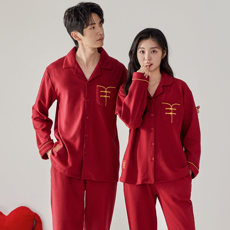 Long Sleeves Red Chinese Matching Sleepwear Set 100% Cotton