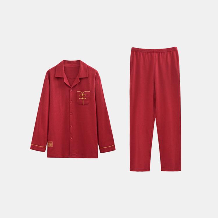 Long Sleeves Red Chinese Matching Sleepwear Set 100% Cotton
