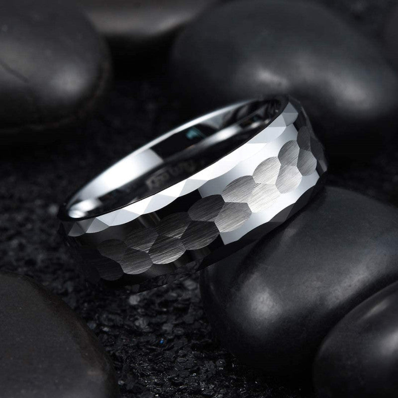 Engraved Hammered Comfort Fit Mens Wedding Band