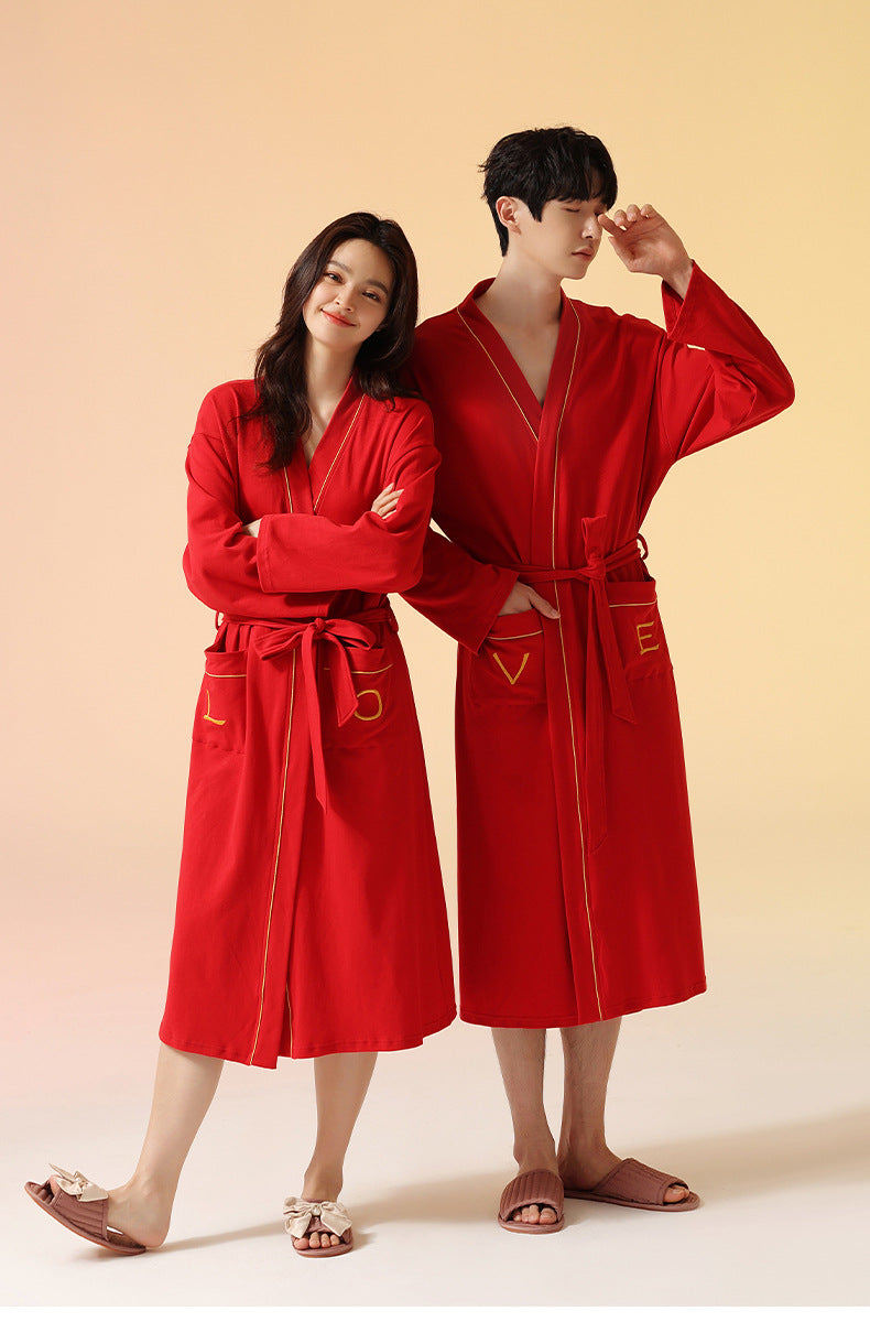 2-Piece Red Asian Style Bathrobe Set for Couples