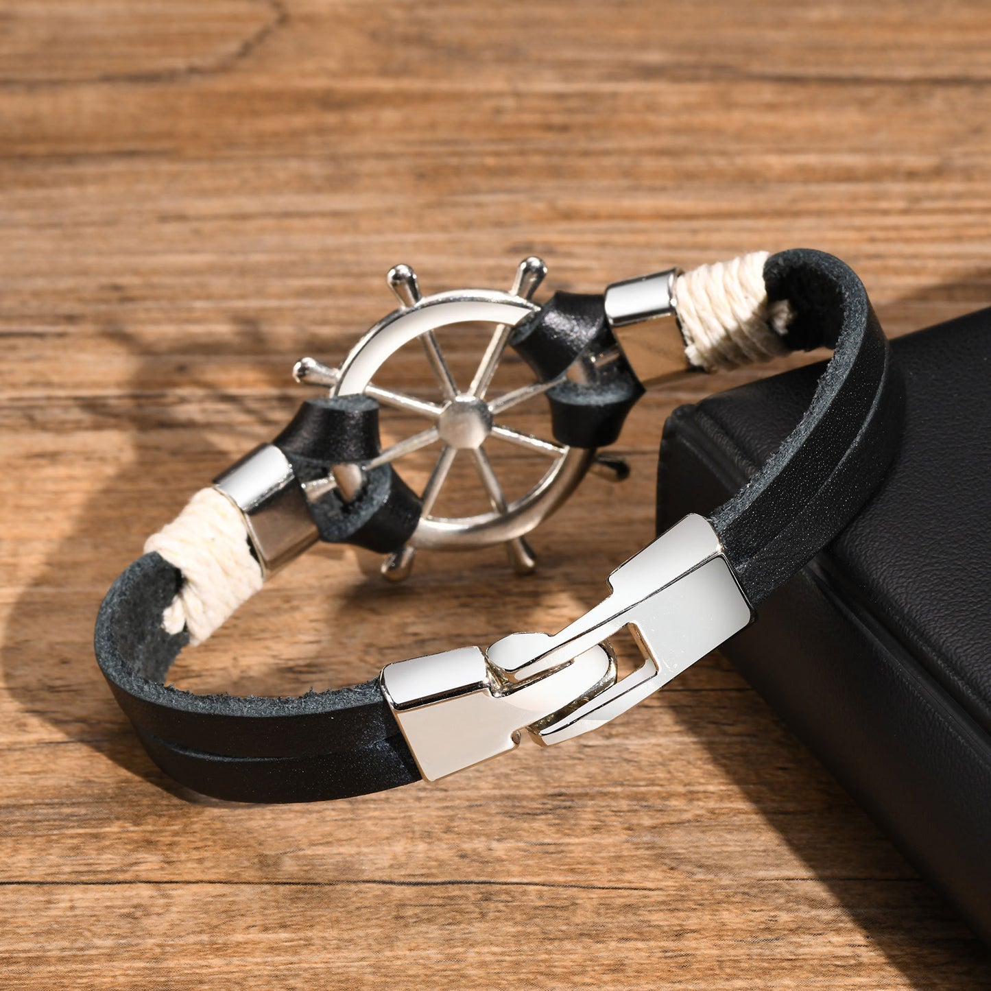 Engraved Rudder Leather Wrap Bracelet for Him