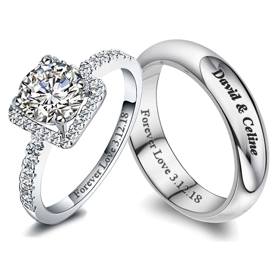 Custom Engraved 1.75 Carat Lab Grown Diamond Wedding Bands for Two