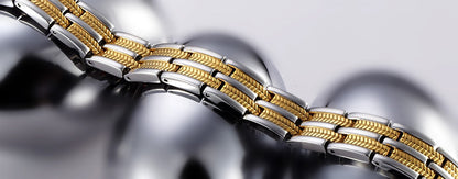 Magnetic Mens Engraved Bracelet 24K Gold Plated 22cm