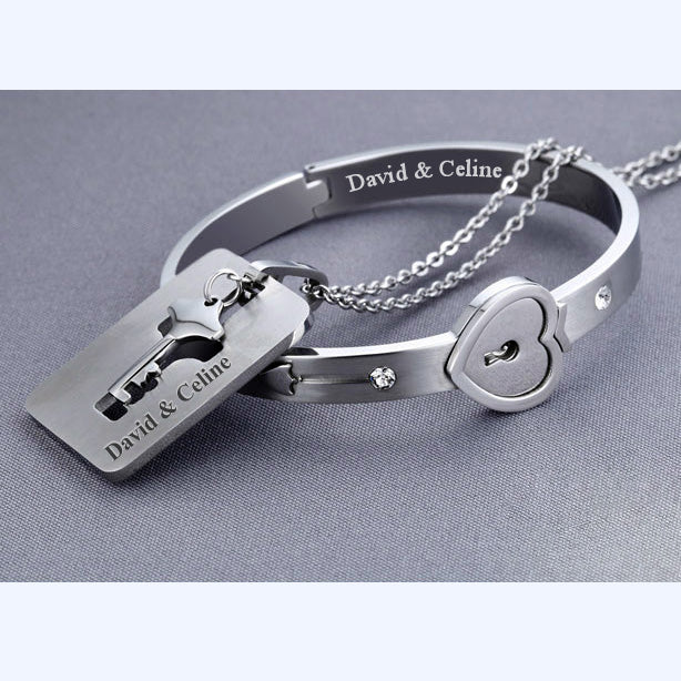 Engraved Lock and Key Bracelet Pendant Necklace Set for Couples