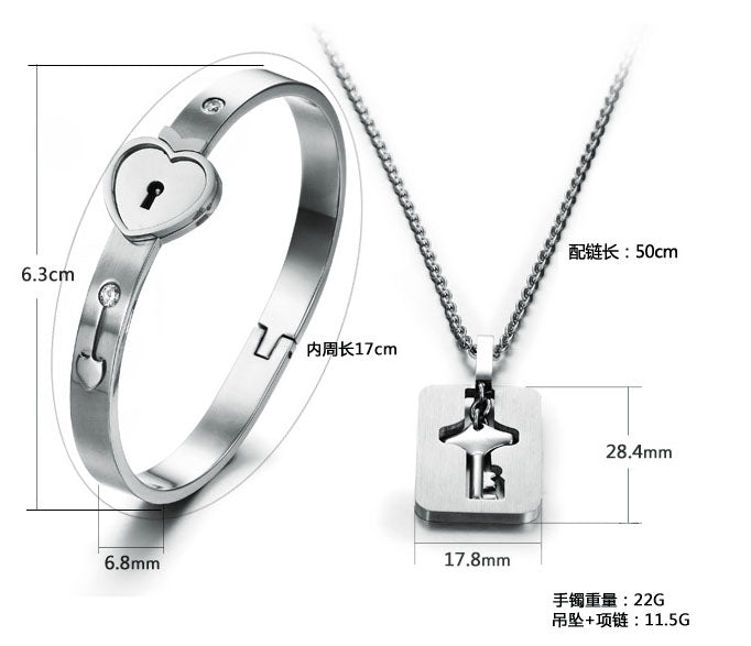 Engraved Lock and Key Bracelet Pendant Necklace Set for Couples