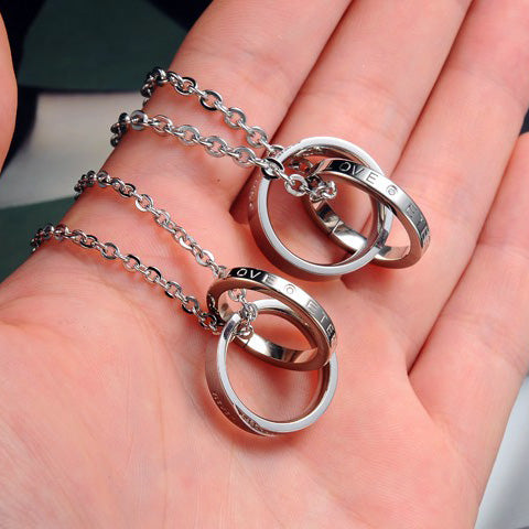 Double Rings Matching Friendship Necklaces Set