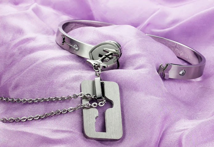 Engraved Lock and Key Bracelet Pendant Necklace Set for Couples