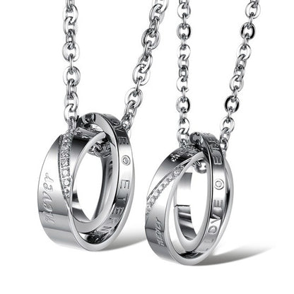 Double Rings Matching Friendship Necklaces Set