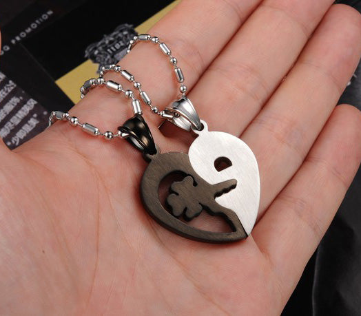 Engraved Clover Key Heart Interlocking Pendants Set for 2