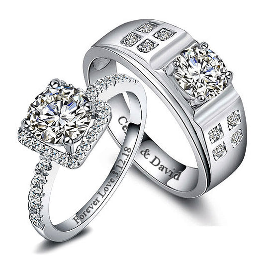 Engravable 2 CZ Diamonds Matching Rings Set for Two