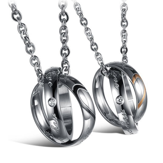 Two Half Heart Pendants Connected Circles Necklace for Couples