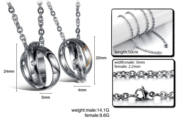 Two Half Heart Pendants Connected Circles Necklace for Couples