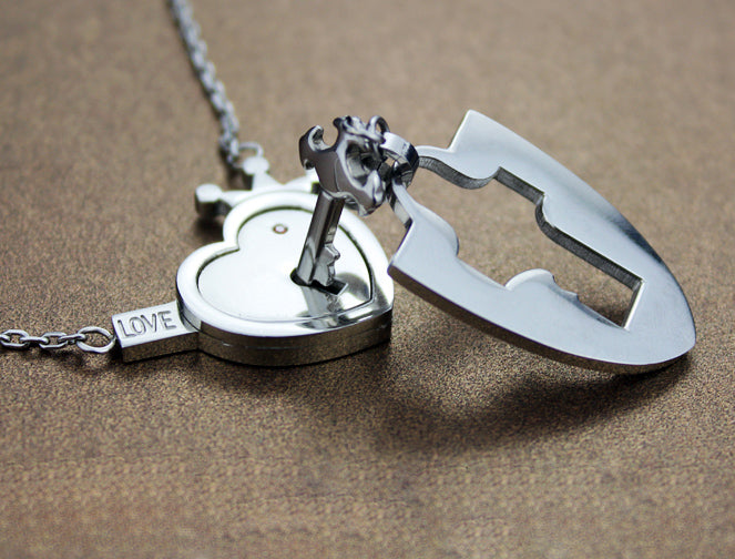 Engraved Real Lock and Key Heart Necklaces Set for 2