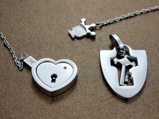 Engraved Real Lock and Key Heart Necklaces Set for 2