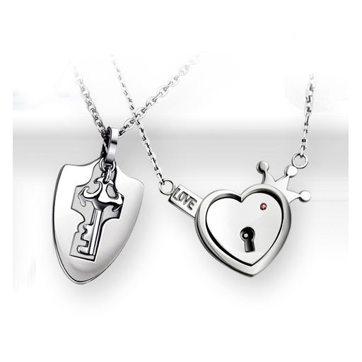 Engraved Real Lock and Key Heart Necklaces Set for 2