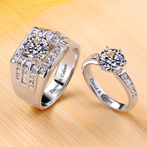 Engraved 3 Carats Lab grown Diamond Matching Rings Set for Two