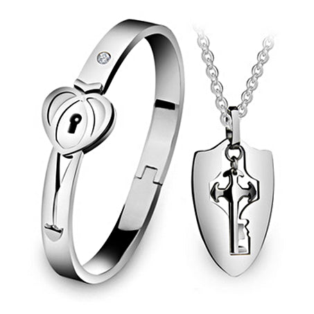 Engravable Lock And Key Bracelet Necklace Set For Couples In Titanium