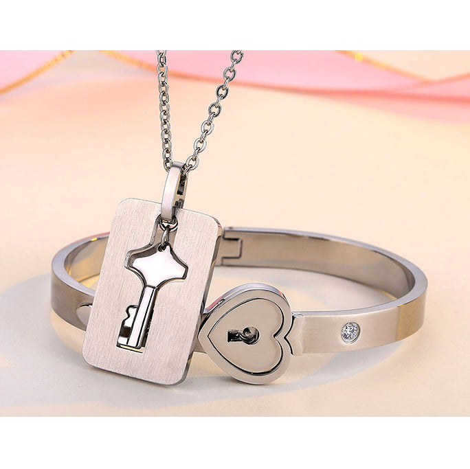 Engraved Lock and Key Bracelet Pendant Necklace Set for Couples