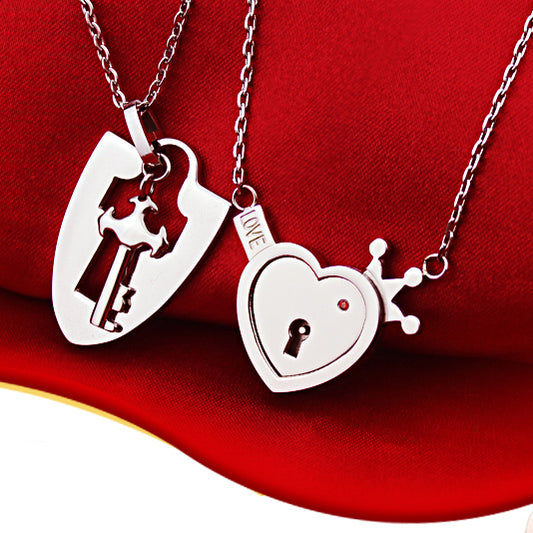 Engraved Real Lock and Key Heart Necklaces Set for 2