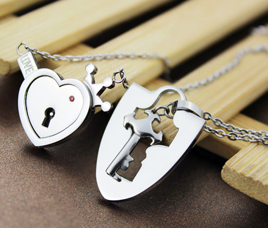 Engraved Real Lock and Key Heart Necklaces Set for 2