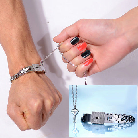 Engraved Real Lock and Key Couple Bracelet Necklace Set - Personalized Gift for 2