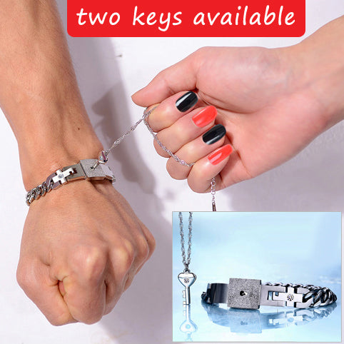 Engraved Real Lock and Key Couple Bracelet Necklace Set - Personalized Gift for 2
