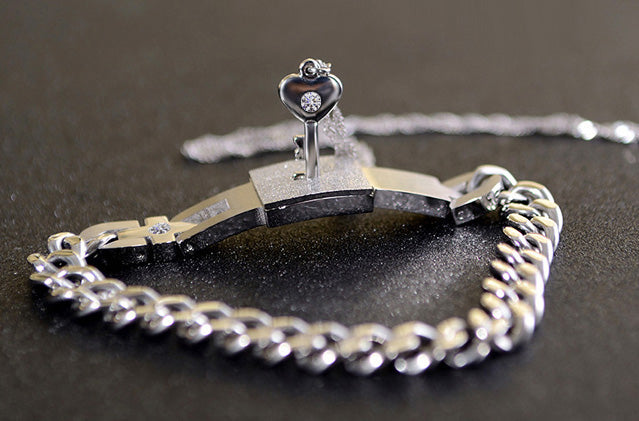 Engraved Real Lock and Key Couple Bracelet Necklace Set - Personalized Gift for 2