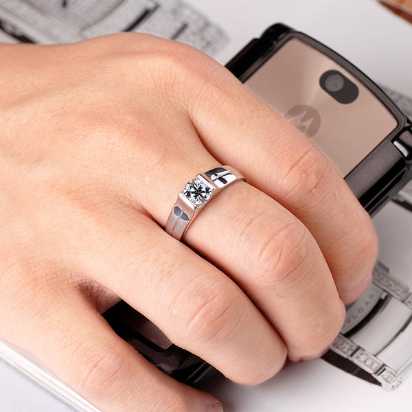 0.6 Ct Lab Diamond Wedding Band for Men - Engraved Platinum Plated Sterling Silver