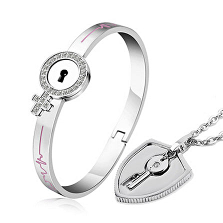 Engravable Lock Key Lovers Bracelet Necklace Couples Gift Set