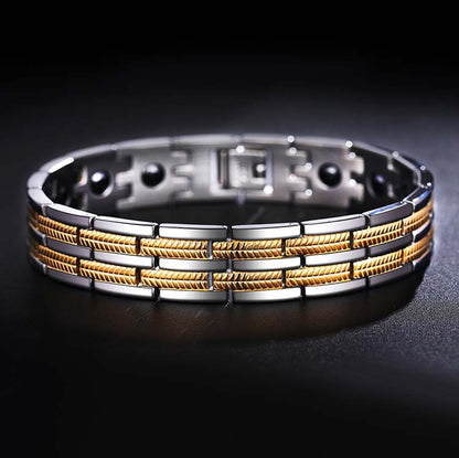 Magnetic Mens Engraved Bracelet 24K Gold Plated 22cm