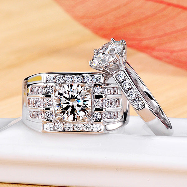 Engraved 3 Carats Lab grown Diamond Matching Rings Set for Two