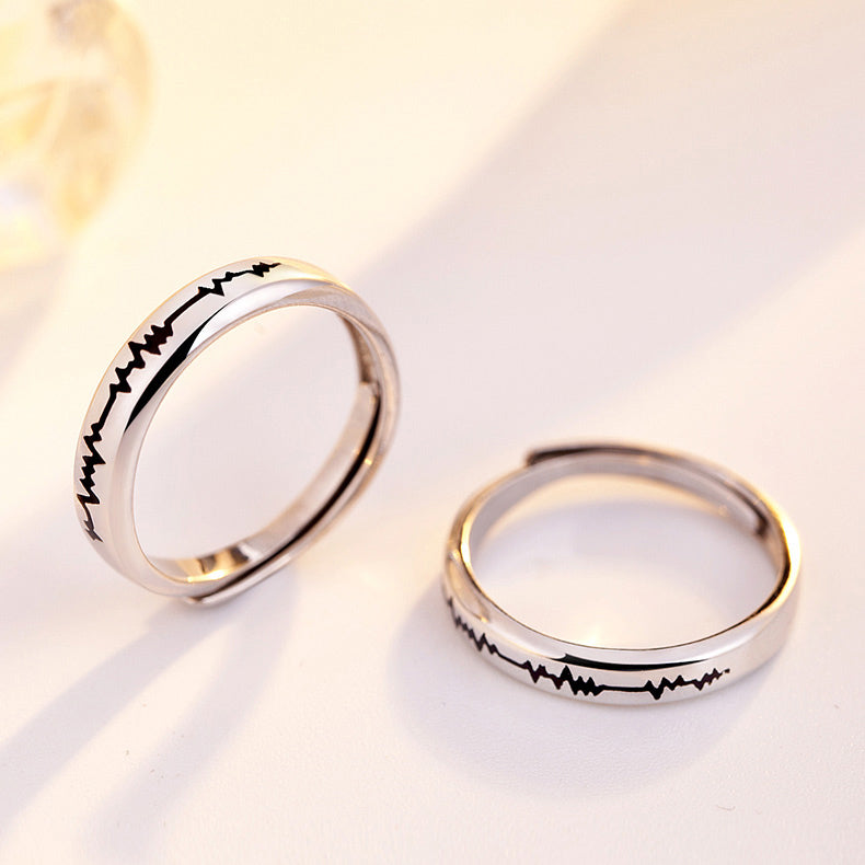 Engraved Heartbeat Rings Set Rhodium Plated Silver Expandable Size
