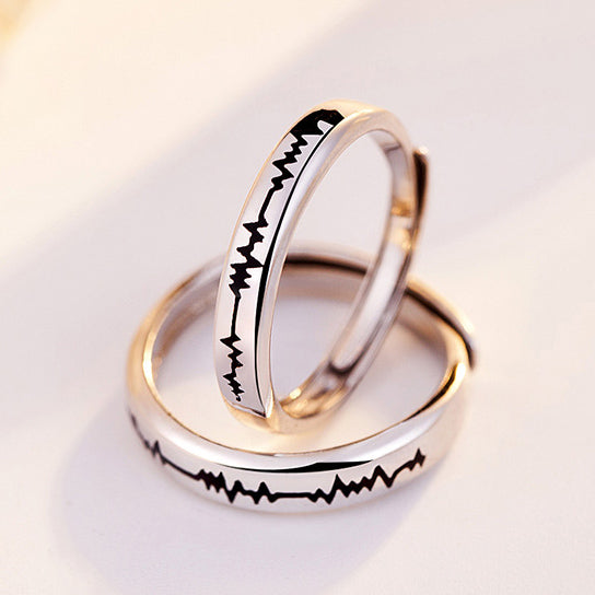 Engraved Heartbeat Rings Set Rhodium Plated Silver Expandable Size