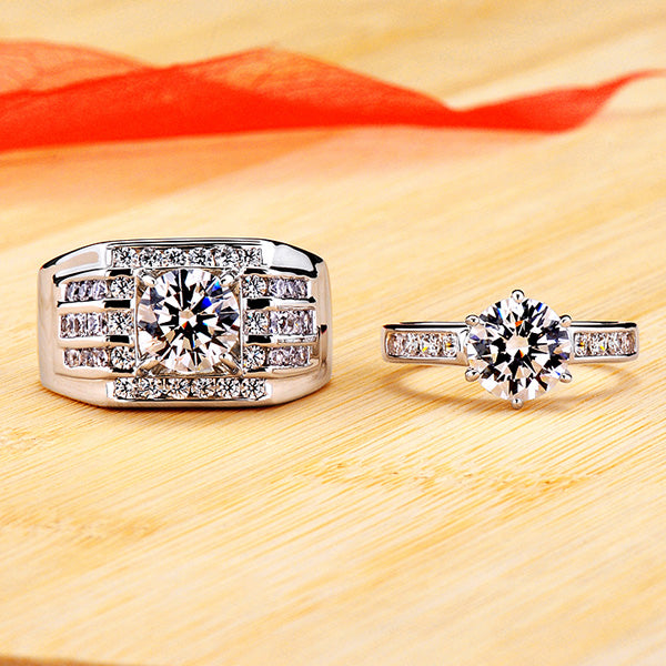 Engraved 3 Carats Lab grown Diamond Matching Rings Set for Two