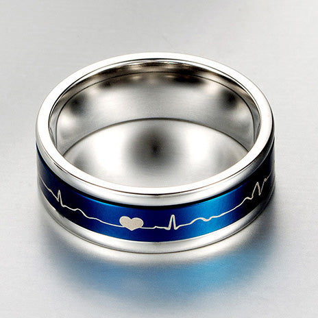 Personalized Heartbeart Mens Wedding Ring Black and Blue 9mm