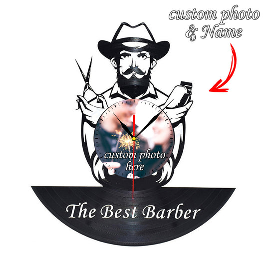 Personalized Barber LP Record Wall Clock – Custom Photo & Name, Silent Quartz