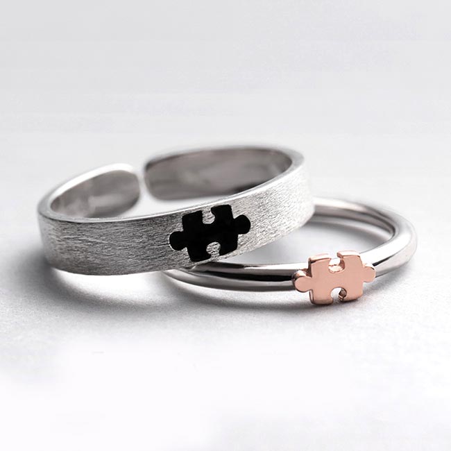 Two-Tone Puzzle Piece Promise Rings for Couples (Adjustable)