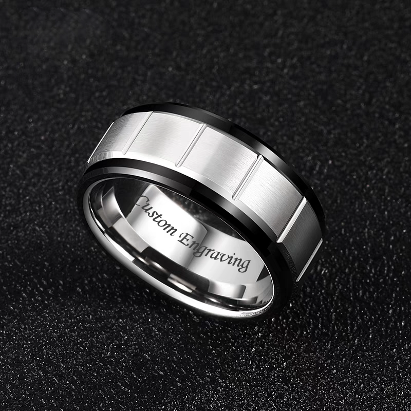 Tungsten Mens Wedding Band with Names Engraved