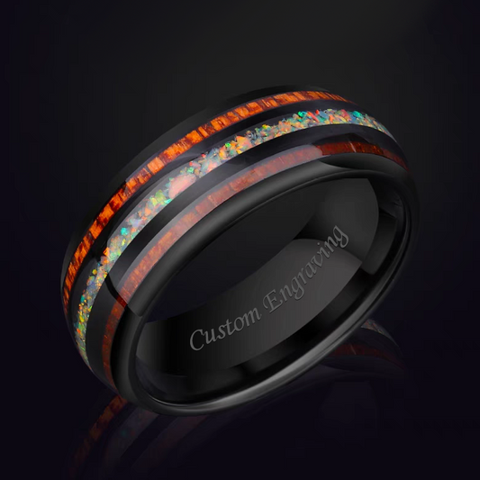 Engraved Mens Marriage Ring Tungsten Opal Stone