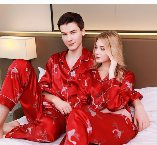 Matching PJs for Couples Full Sleeves Red Sleepwear Set