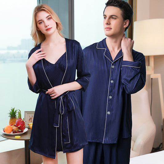 Romantic Striped Satin Matching Couple Sleepwear Set