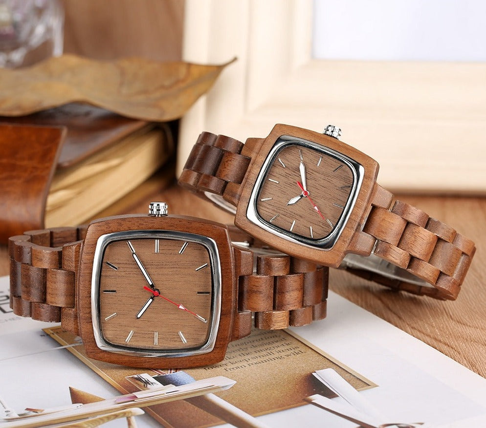 Wooden Square Face Couple Watch Gift Set