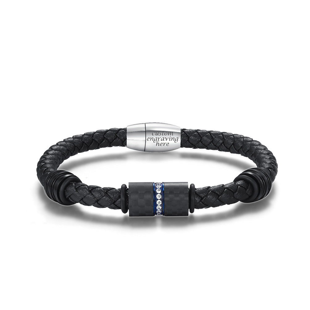 Engravable Mens Bracelets Carbon Fiber Leather 8.5 Inches
