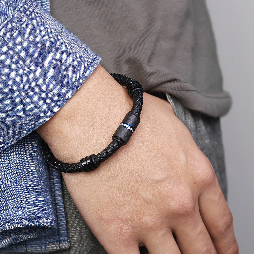 Engravable Mens Bracelets Carbon Fiber Leather 8.5 Inches