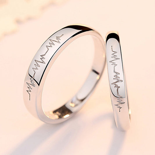 Engravable Heartbeat Couple Wedding Rings Set