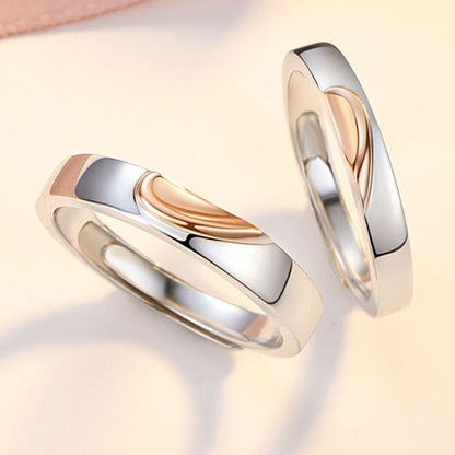 Engraved Half Hearts Rings Set for Two - 18K Gold Plated Sterling Silver